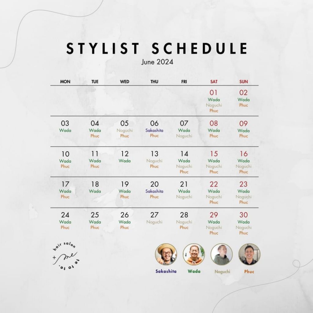 Hair salon Tetote.+me Metropolis store’s June stylist schedule.